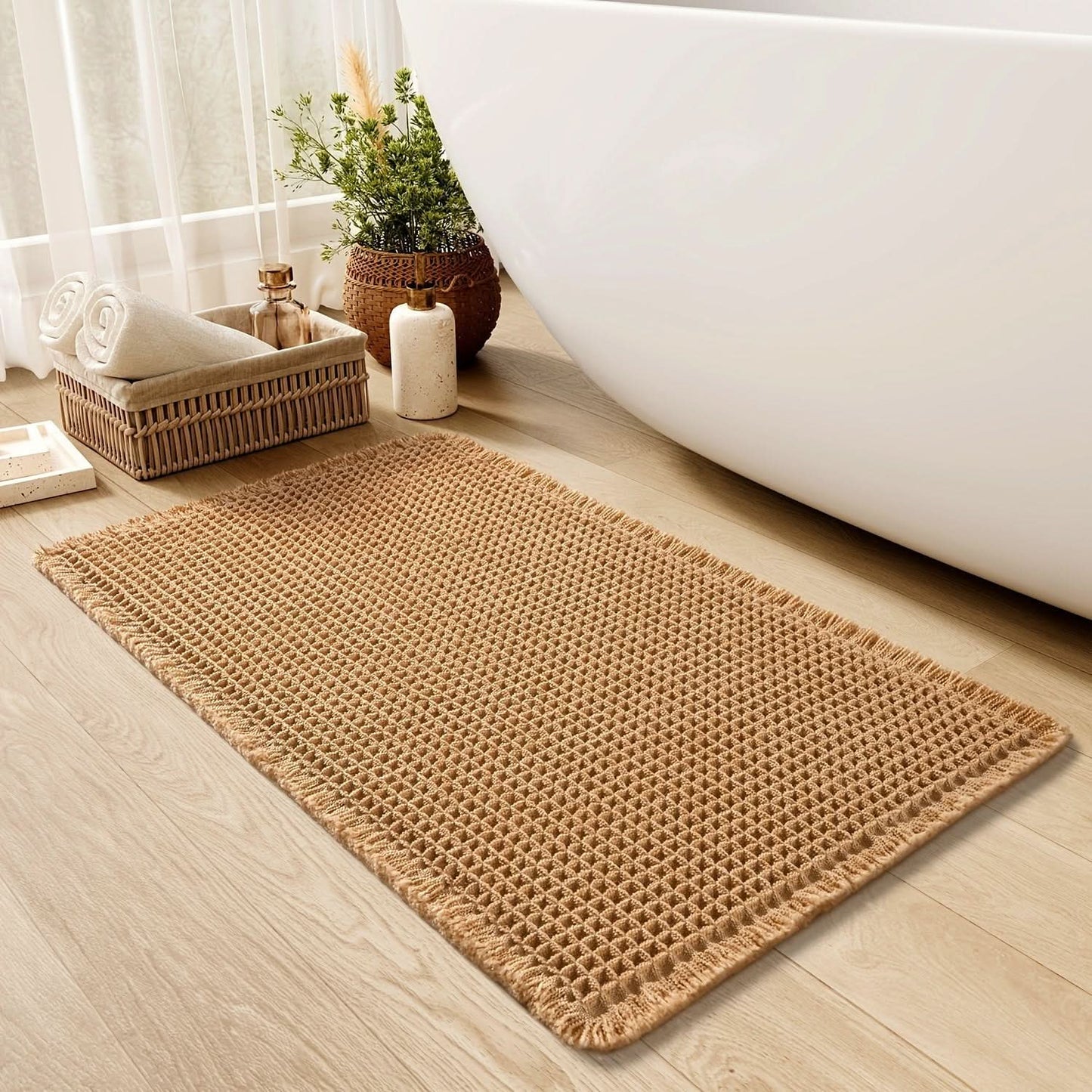 Kalsten | AbsorbEase | Waffle Bath Mat with Fringes – Quick-Dry & Non-Slip