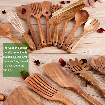 Skanto | 11-Piece Teak Kitchen Utensil Set | With Holder | Natural Wood