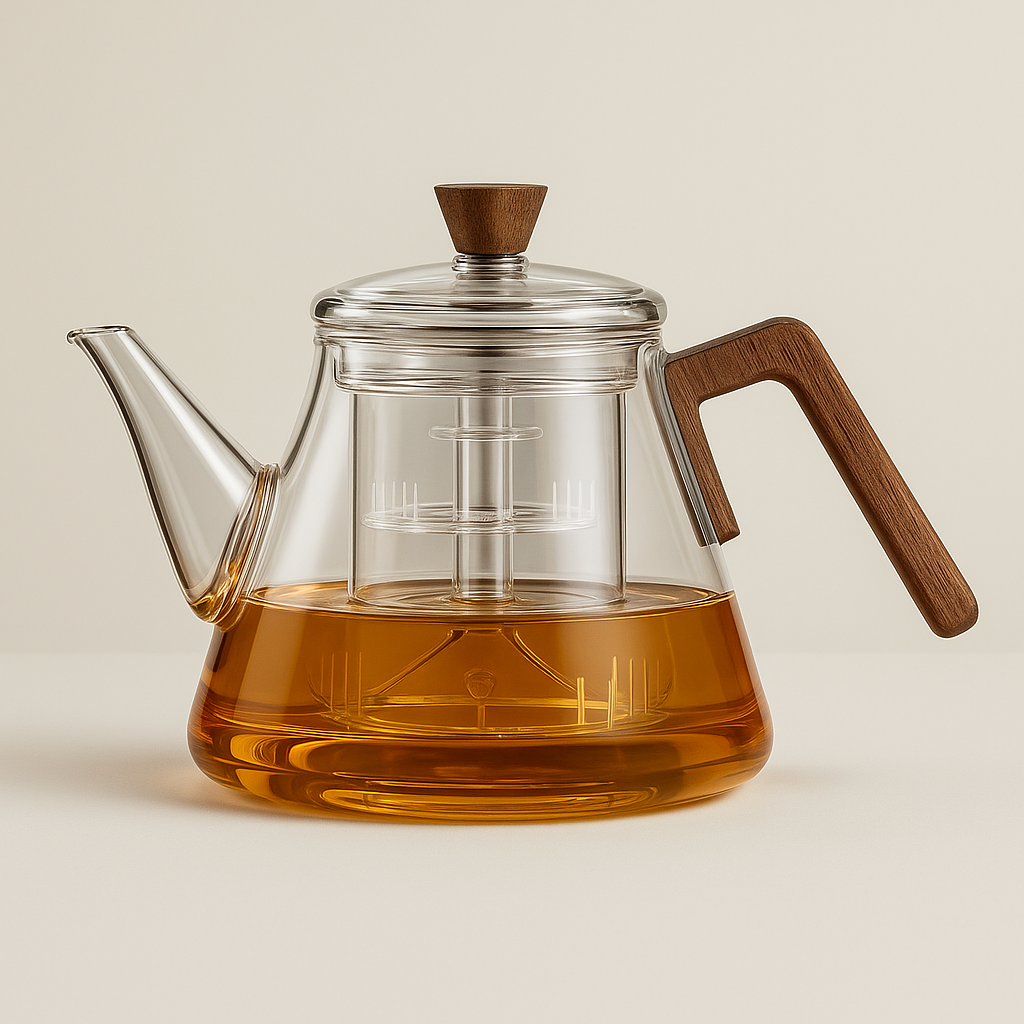Skanto | Aetheris Glass Brew Teapot – Heat-Resistant Glass Teapot with Wooden Handle & Infuser (900ml)