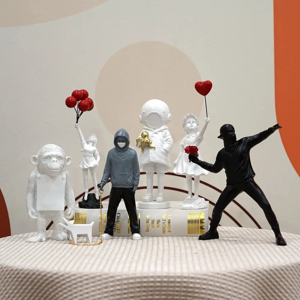 Skanto | Artify Banksy Sculpture Collection | Flower Thrower & Balloon Girl | Pop Art Figures | Modern Office & Home Decor