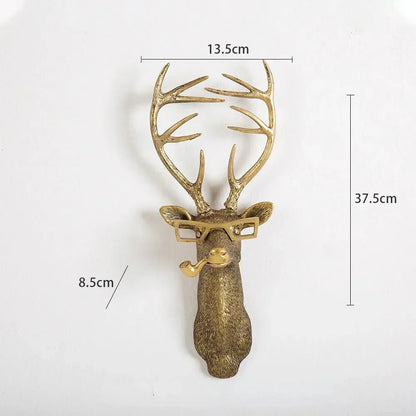 Skanto | Antique Bronze Resin Animal Motif Golden Deer Head Wall Hook Background Wall Accessory Decorative Figurines