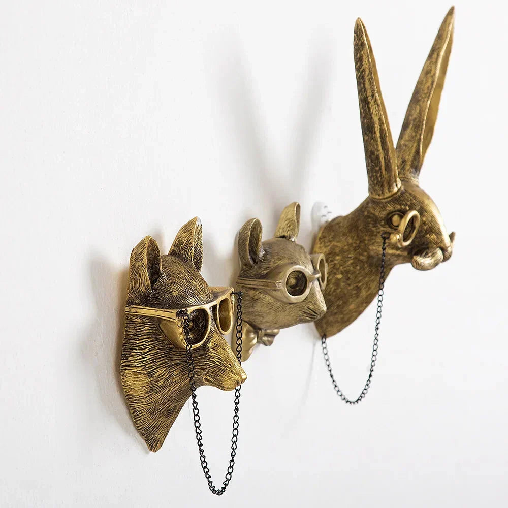 Skanto | Antique Bronze Resin Animal Motif Golden Deer Head Wall Hook Background Wall Accessory Decorative Figurines