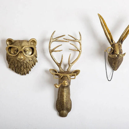 Skanto | Antique Bronze Resin Animal Motif Golden Deer Head Wall Hook Background Wall Accessory Decorative Figurines