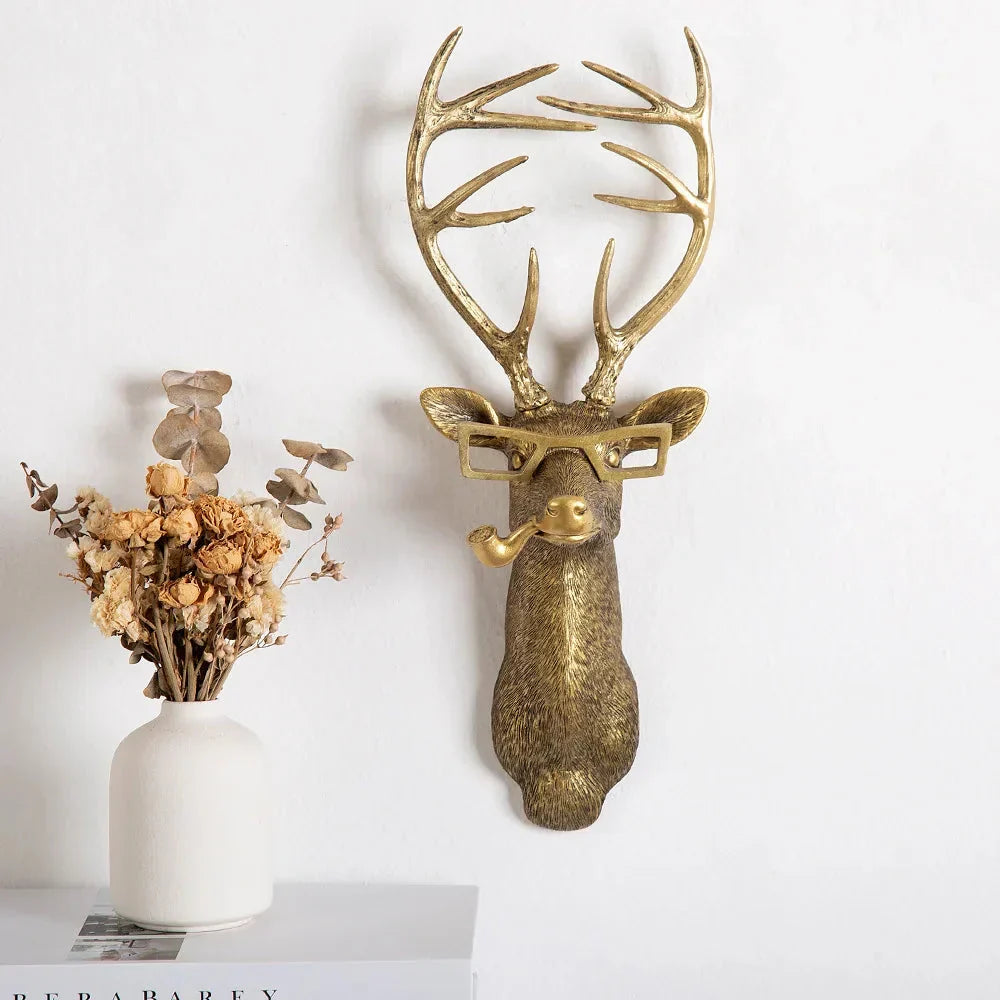 Skanto | Antique Bronze Resin Animal Motif Golden Deer Head Wall Hook Background Wall Accessory Decorative Figurines