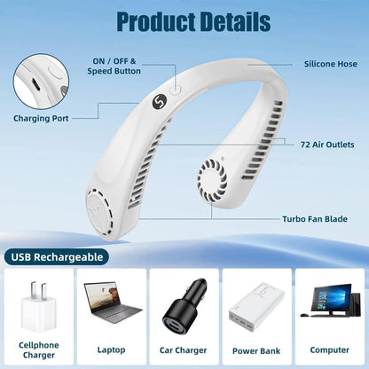 Portable Neck Fans - Portable 5 Speed Neck Fan USB Rechargeable Neckband Bladeless Cooler | Bowlift
