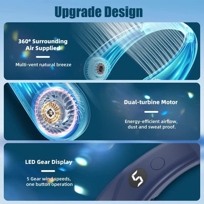 Portable Neck Fans - Portable 5 Speed Neck Fan USB Rechargeable Neckband Bladeless Cooler | Bowlift