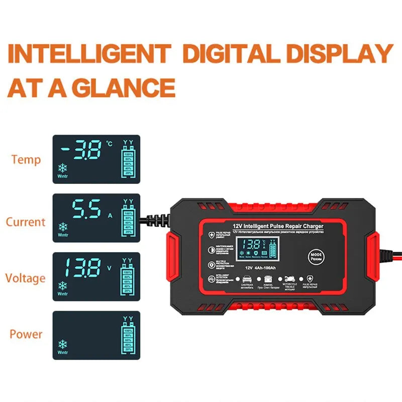 Skanto | 12V 6A Smart Car Battery Charger | Pulse Repair, LCD Screen & Fast Charging for AGM, Gel & Lead-Acid Batteries