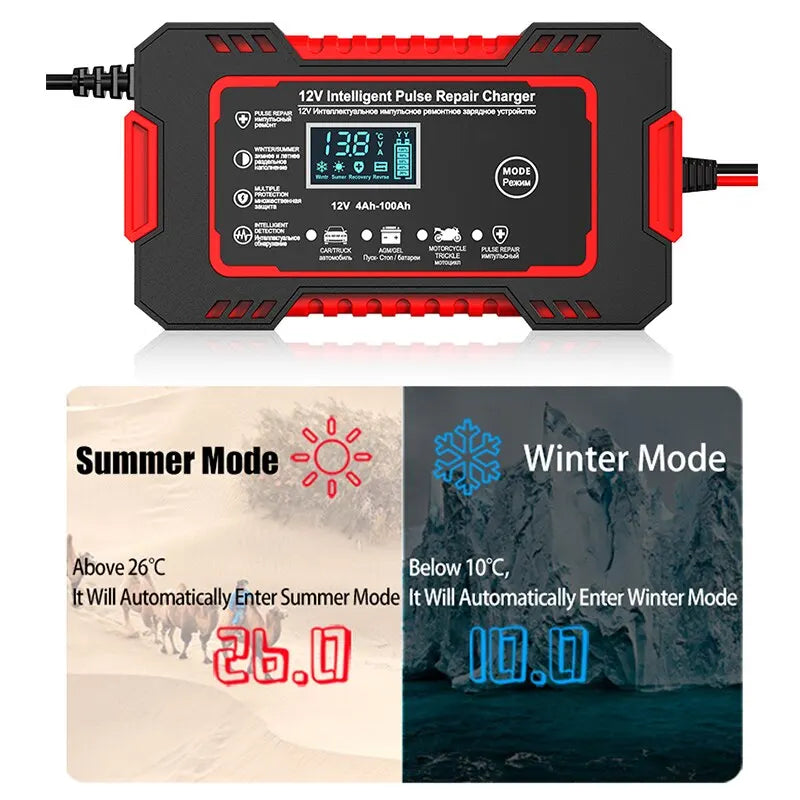 Skanto | 12V 6A Smart Car Battery Charger | Pulse Repair, LCD Screen & Fast Charging for AGM, Gel & Lead-Acid Batteries