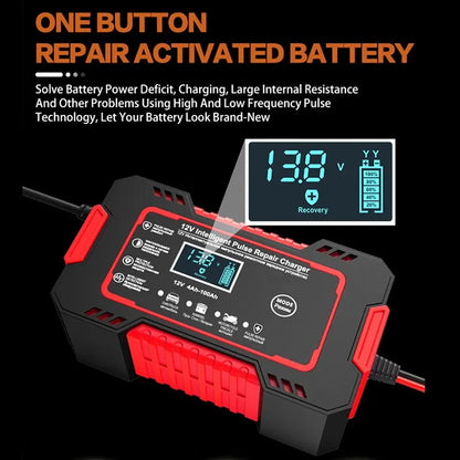 Skanto | 12V 6A Smart Car Battery Charger | Pulse Repair, LCD Screen & Fast Charging for AGM, Gel & Lead-Acid Batteries