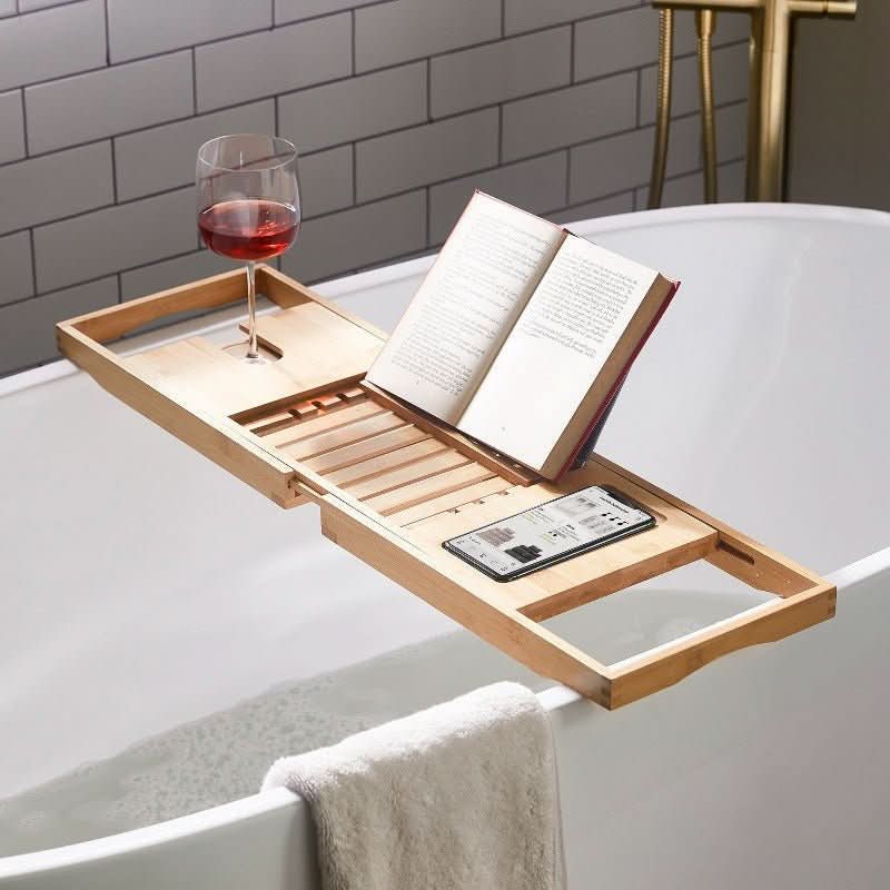 Skanto | Solavera Bamboo Relax Tray | Extendable Bathtub Tray | Sustainable & Elegant | With Glass and Book Holder for Spa Enjoyment at Home