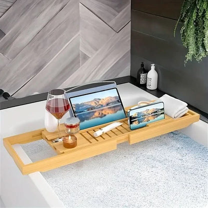 Skanto | Solavera Bamboo Relax Tray | Extendable Bathtub Tray | Sustainable & Elegant | With Glass and Book Holder for Spa Enjoyment at Home