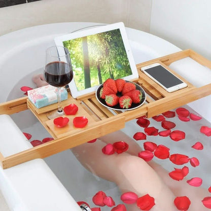 Skanto | Solavera Bamboo Relax Tray | Extendable Bathtub Tray | Sustainable & Elegant | With Glass and Book Holder for Spa Enjoyment at Home