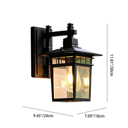Traditional, rustic, rectangular wall lamp made of cast aluminum, iron, and glass with one light source for garden and patio