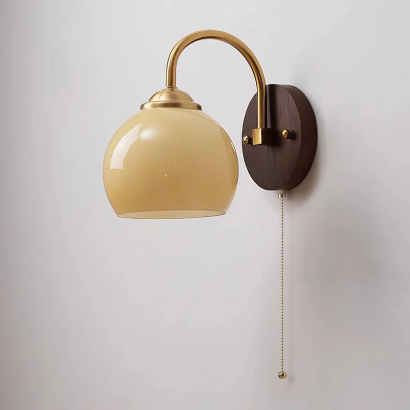 Skanto | Modern Mid-Century Cream Round Oval Ash Wood Glass 1-Light Wall Lamp for Bedroom