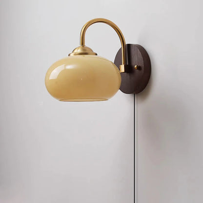 Skanto | Modern Mid-Century Cream Round Oval Ash Wood Glass 1-Light Wall Lamp for Bedroom