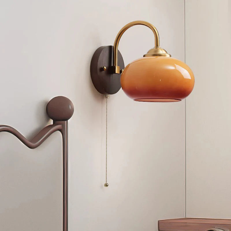 Skanto | Modern Mid-Century Cream Round Oval Ash Wood Glass 1-Light Wall Lamp for Bedroom