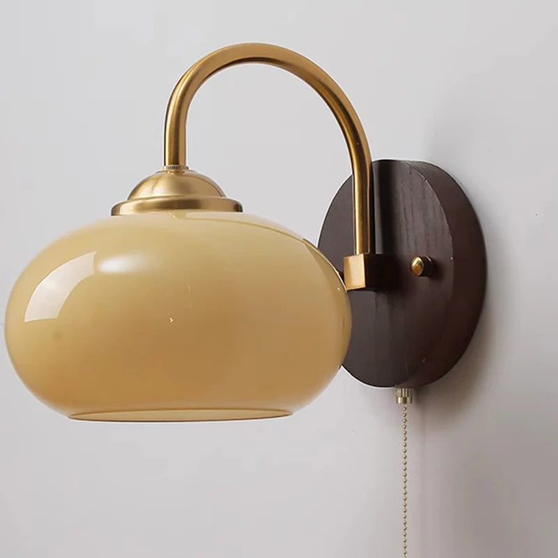 Skanto | Modern Mid-Century Cream Round Oval Ash Wood Glass 1-Light Wall Lamp for Bedroom