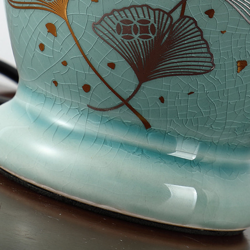 Skanto | Traditional Chinese Floral Design Round Fan Fabric Ceramic 1-Light Table Lamp for Living Room