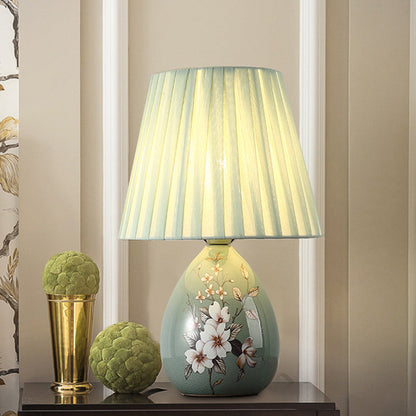 Skanto | Traditional Chinese Floral Design Round Fan Fabric Ceramic 1-Light Table Lamp for Living Room