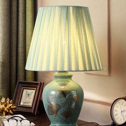 Skanto | Traditional Chinese Floral Design Round Fan Fabric Ceramic 1-Light Table Lamp for Living Room