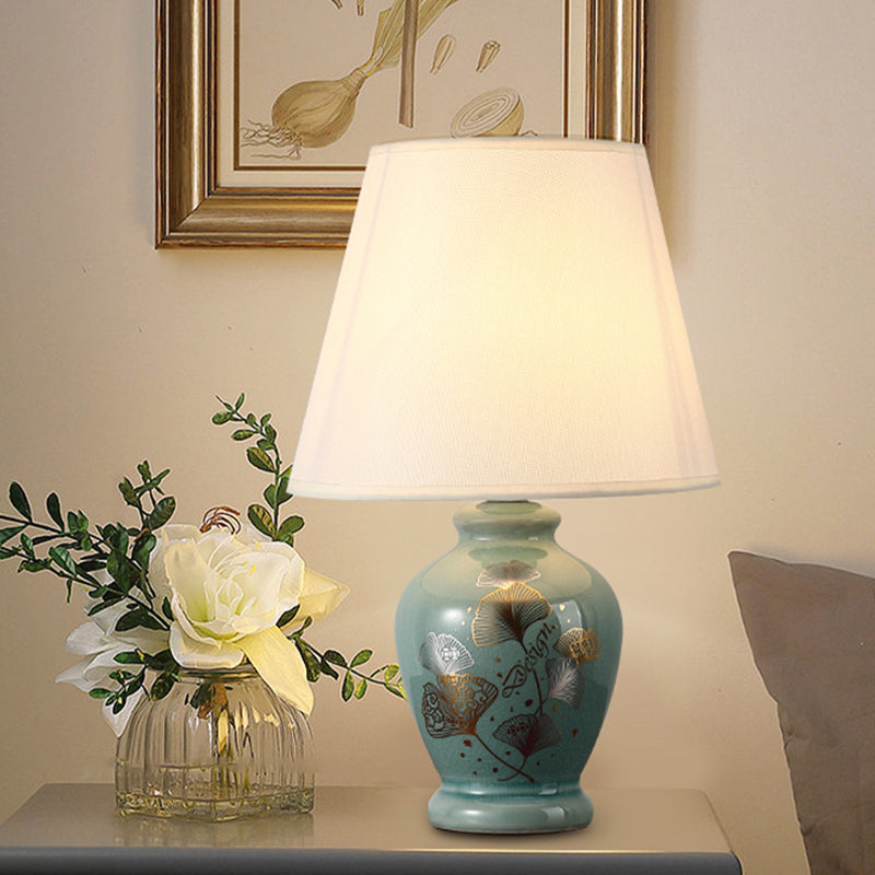 Skanto | Traditional Chinese Floral Design Round Fan Fabric Ceramic 1-Light Table Lamp for Living Room