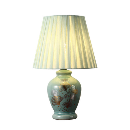 Skanto | Traditional Chinese Floral Design Round Fan Fabric Ceramic 1-Light Table Lamp for Living Room