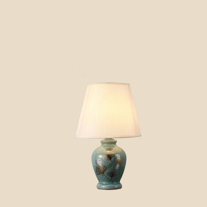 Skanto | Traditional Chinese Floral Design Round Fan Fabric Ceramic 1-Light Table Lamp for Living Room