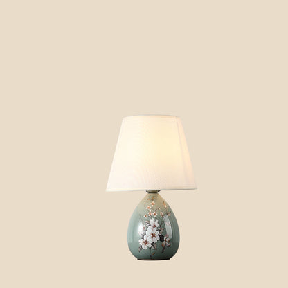 Skanto | Traditional Chinese Floral Design Round Fan Fabric Ceramic 1-Light Table Lamp for Living Room