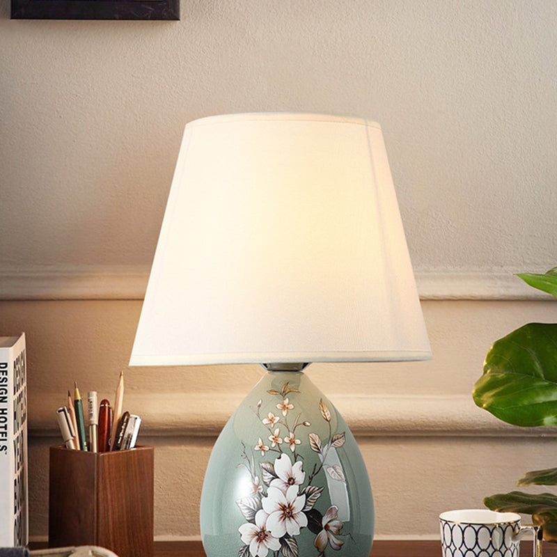 Skanto | Traditional Chinese Floral Design Round Fan Fabric Ceramic 1-Light Table Lamp for Living Room