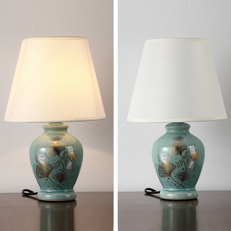 Skanto | Traditional Chinese Floral Design Round Fan Fabric Ceramic 1-Light Table Lamp for Living Room