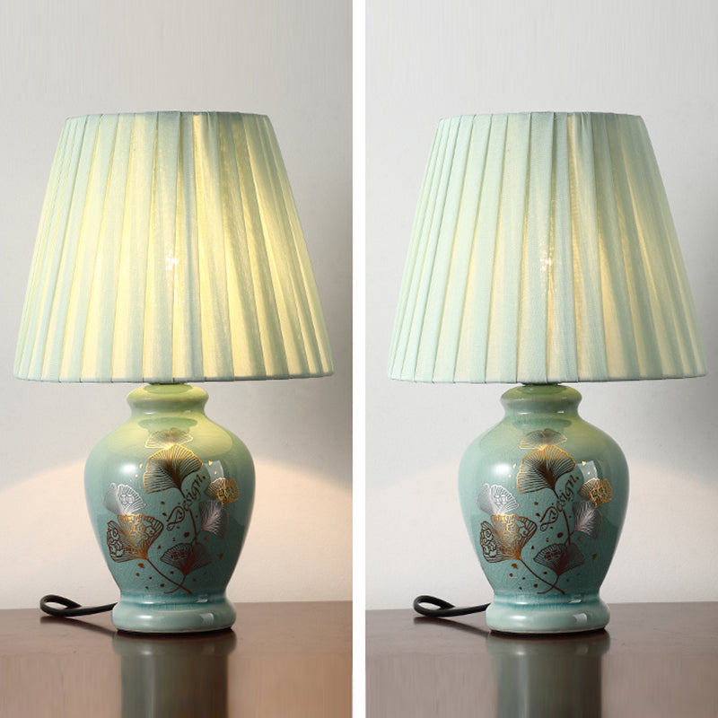 Skanto | Traditional Chinese Floral Design Round Fan Fabric Ceramic 1-Light Table Lamp for Living Room