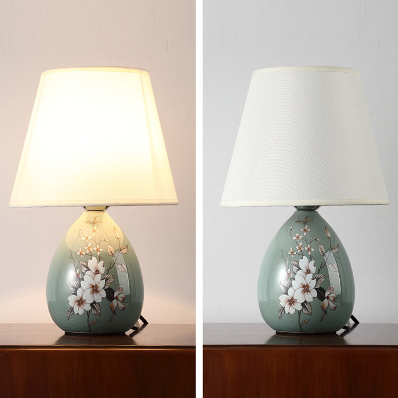 Skanto | Traditional Chinese Floral Design Round Fan Fabric Ceramic 1-Light Table Lamp for Living Room