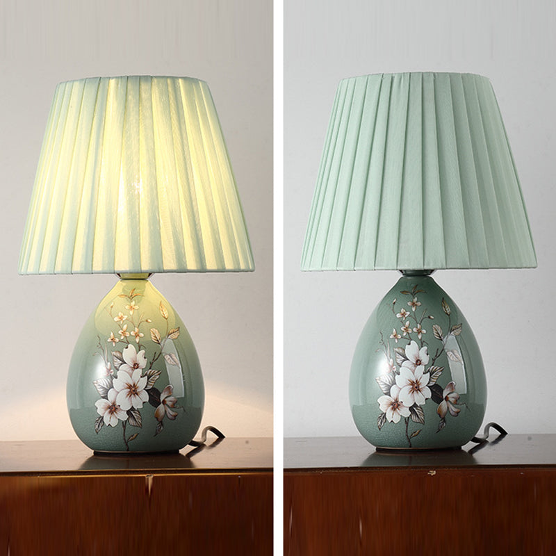 Skanto | Traditional Chinese Floral Design Round Fan Fabric Ceramic 1-Light Table Lamp for Living Room