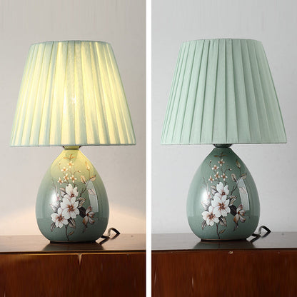 Skanto | Traditional Chinese Floral Design Round Fan Fabric Ceramic 1-Light Table Lamp for Living Room