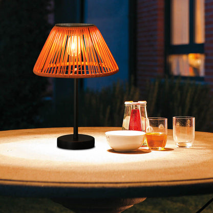 Traditional Farmhouse Waterproof Solar Rechargeable Weaving Gum Rattan Iron Conic LED Outdoor Table Lamp For Garden | Bowlift