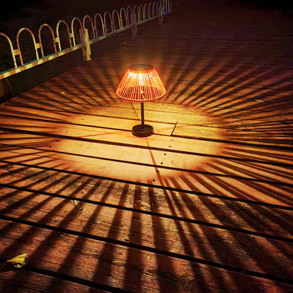 Traditional Farmhouse Waterproof Solar Rechargeable Weaving Gum Rattan Iron Conic LED Outdoor Table Lamp For Garden | Bowlift