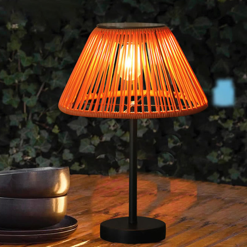 Traditional Farmhouse Waterproof Solar Rechargeable Weaving Gum Rattan Iron Conic LED Outdoor Table Lamp For Garden | Bowlift
