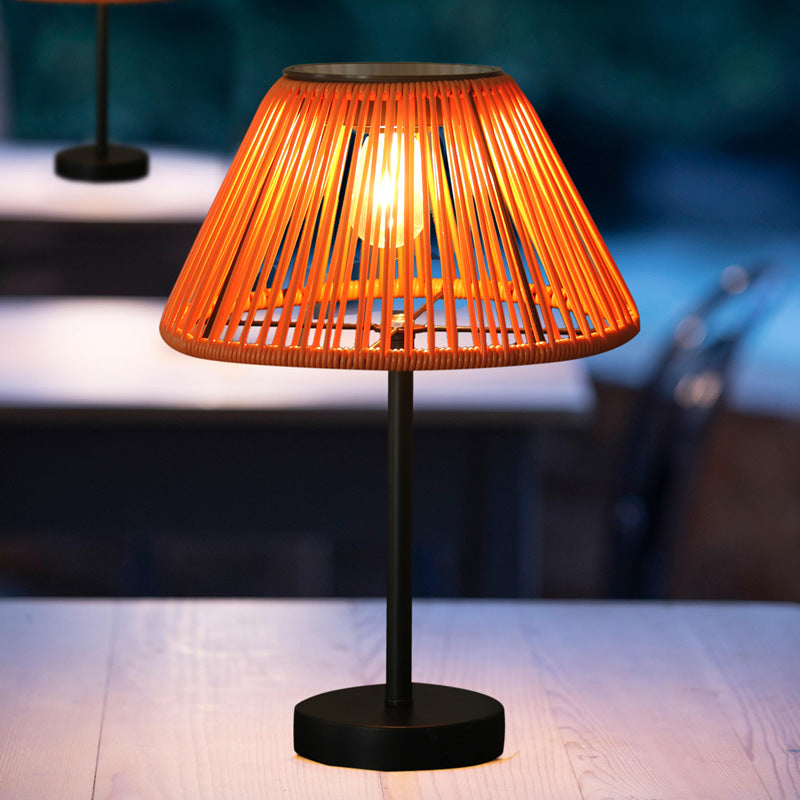 Traditional Farmhouse Waterproof Solar Rechargeable Weaving Gum Rattan Iron Conic LED Outdoor Table Lamp For Garden | Bowlift