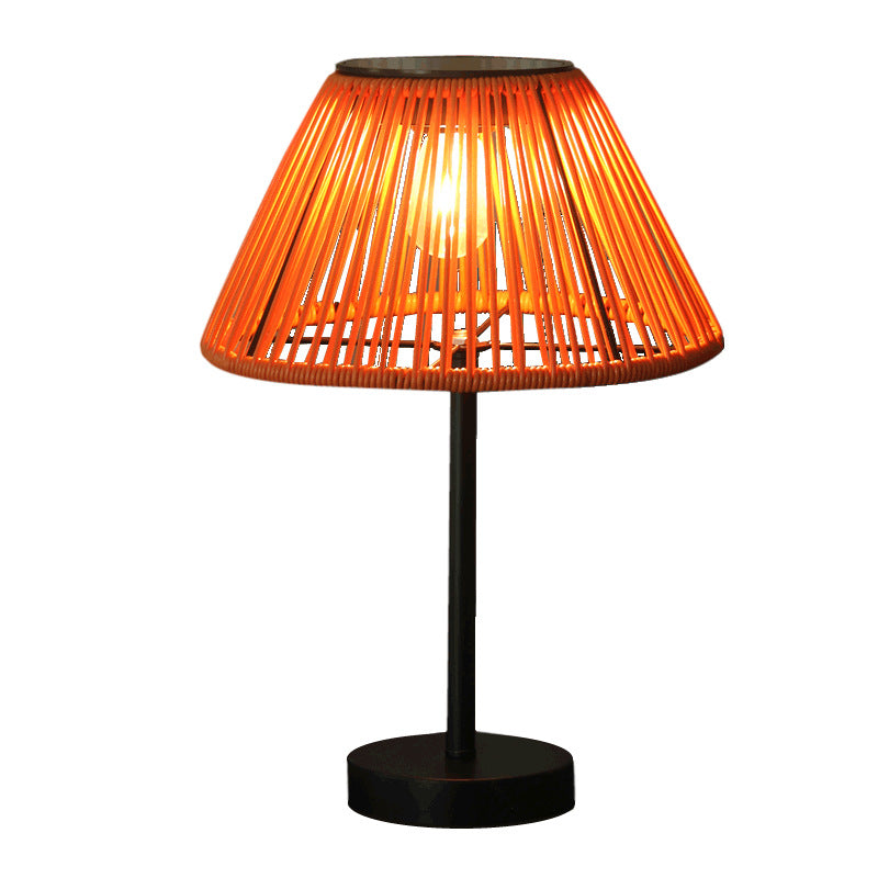 Traditional Farmhouse Waterproof Solar Rechargeable Weaving Gum Rattan Iron Conic LED Outdoor Table Lamp For Garden | Bowlift