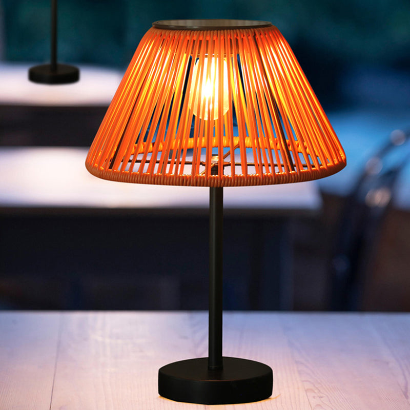 Traditional Farmhouse Waterproof Solar Rechargeable Weaving Gum Rattan Iron Conic LED Outdoor Table Lamp For Garden | Bowlift