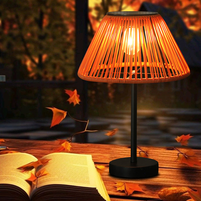 Traditional Farmhouse Waterproof Solar Rechargeable Weaving Gum Rattan Iron Conic LED Outdoor Table Lamp For Garden | Bowlift