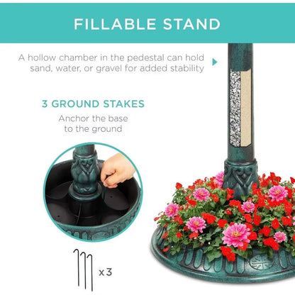 BowLift | Solar-Powered Bird Bath on Stand with Built-In Planter & LED Lamp
