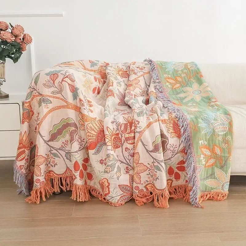 Skanto | Tie-Dye Cotton Blanket with Jacquard and Boho Pattern