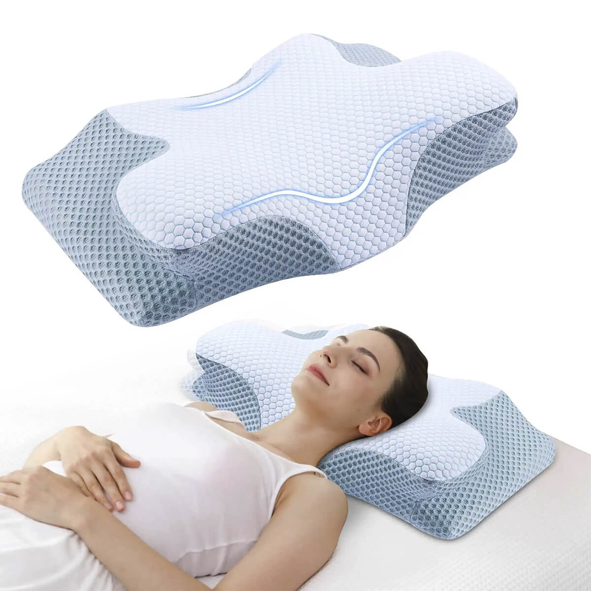Skanto | Cervical Memory Foam Pillow | Orthopedic Contour Design with Cooling Cover for Back, Side & Stomach Sleepers | Pillows for Back Sleepers