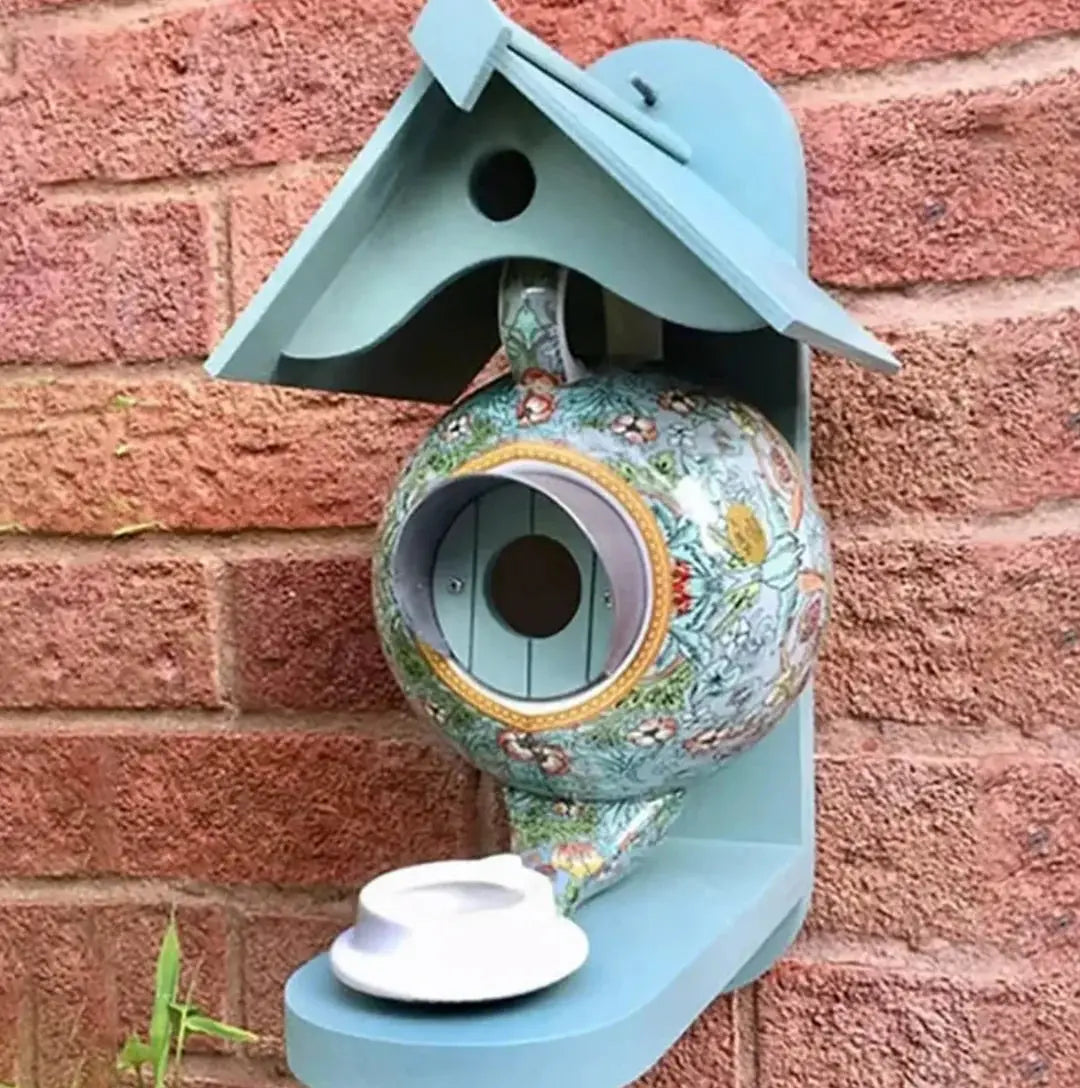 BowLift | Teapot Birdhouse | Hand-Painted Resin | Weather-Resistant Outdoor Garden Decoration