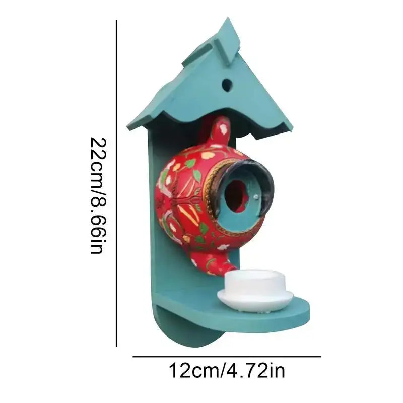 Skanto | Teapot Birdhouse | Hand-Painted Resin | Weather-Resistant Outdoor Garden Decoration