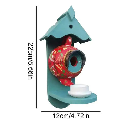 BowLift | Teapot Birdhouse | Hand-Painted Resin | Weather-Resistant Outdoor Garden Decoration