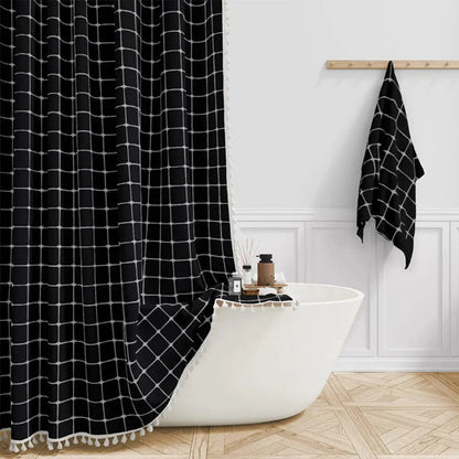 Boho-style linen shower curtain with tassels and waterproof design