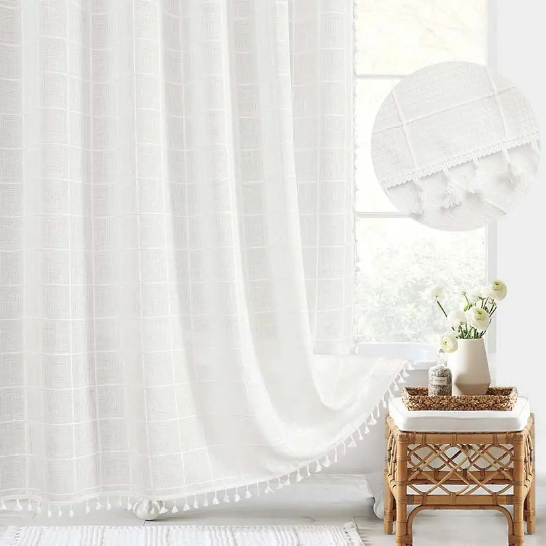 Skanto | Boho Linen Shower Curtain with Tassels