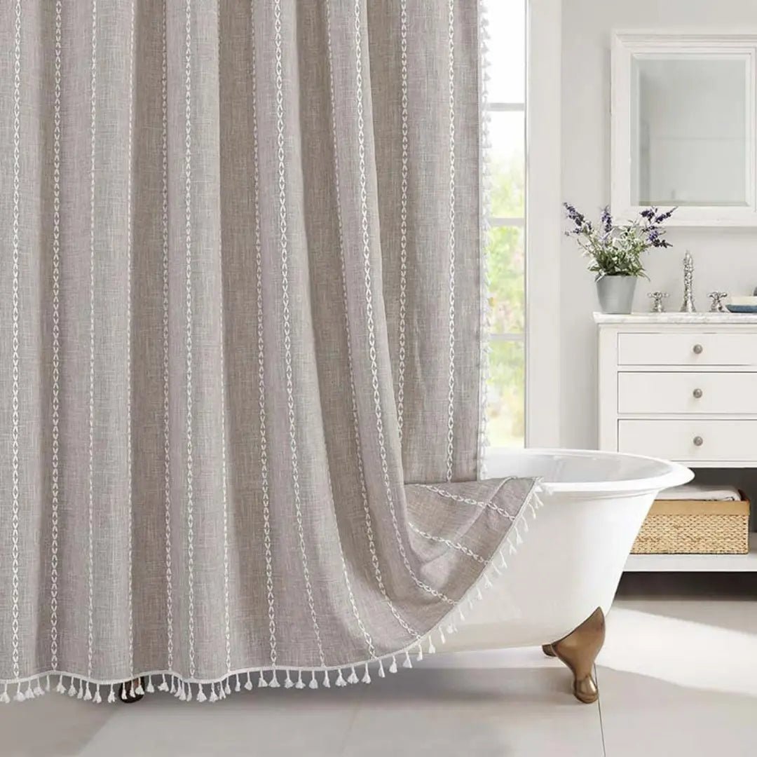 Skanto | Linen Boho Shower Curtain | Waterproof with Fringe | Multicolor